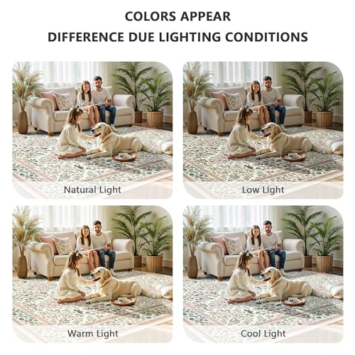 9x12 Area Rugs, Machine Washable Low Pile Floral Rugs for Living Room, Bedroom, Large Boho Area Rug with Non-Slip Backing for Dining Room(Pink Floral)