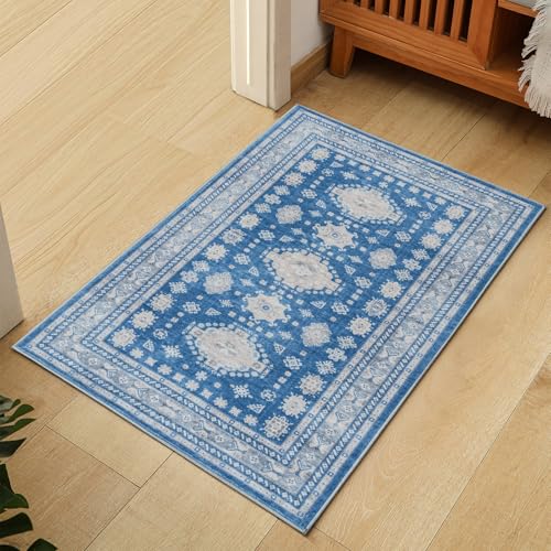 2x3 Door Mat Washable Boho Non Slip Small Throw Rug for Entrance, Blue