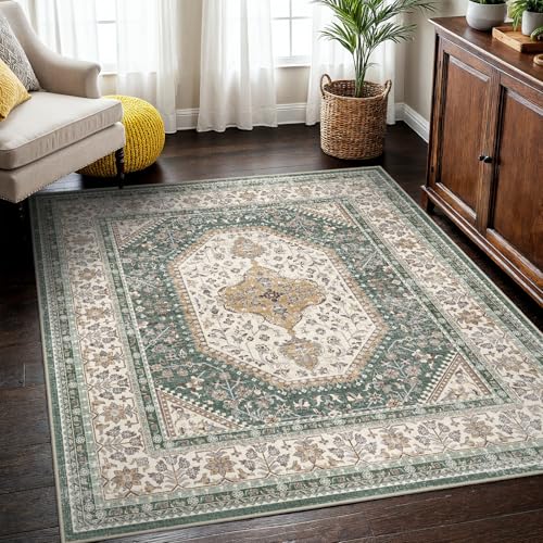 4x4 Square Washable Area Rug - Non-Slip Vintage Throw Rugs Green Beige