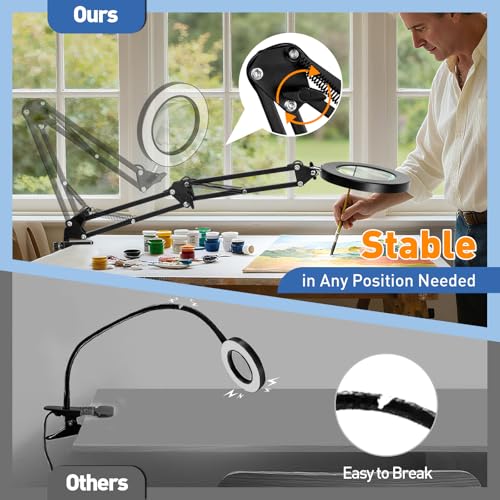 HITTI 10X Magnifying Glass with Light, 1,800 Lumens Stepless Dimmable, 3 Color Modes, 4.2″ Real Glass Lens LED Desk Lamp & Clamp, Magnifier Light and Stand for Crafts, Soldering, Fly Tying, Close Work
