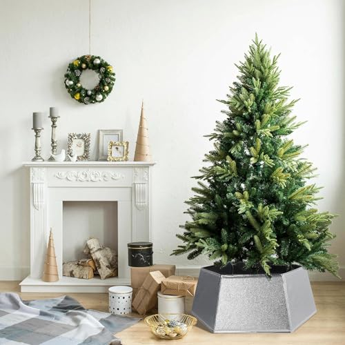 Blissun Fabric Christmas Tree Collar, Hexagonal Christmas Tree Ring, Glittering Willow Christmas Tree Skirt for Tree Decorations (Glitter Silver)