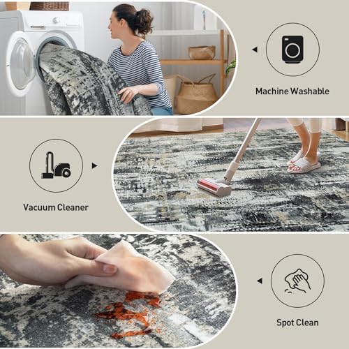 8x10 Area Rugs Washable Rug: Large Modern Abstract Living Room Rug Soft Anti-Skid Thin Carpet Indoor Floor Non-Shedding Carpets for Bedroom Dining Farmhouse Nursery Home Office Black Grey Gold
