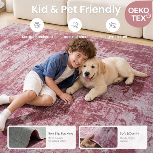 5x7 Pink Washable Area Rug Non-Slip Faux Wool Abstract Rug