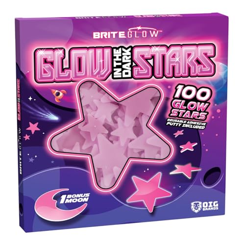 100PK Pink Glow in The Dark Stars for Ceiling Easter Basket Stuffers for Kids - Star Brite Plastic Glow Stars with Moon & Putty Ages 4,5,6,7,8,9,10,11,12 for Bedroom Space Night Light Room Non-Toxic