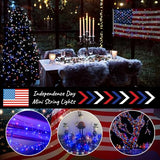 4th of July Patriotic Decorations, Red White Blue Fairy String Lights, Battery Operated with Timer, 2 Pack Total 33FT 100 Led Mini Battery Powered Mason Jar Firefly Lights DIY Party Memorial Day
