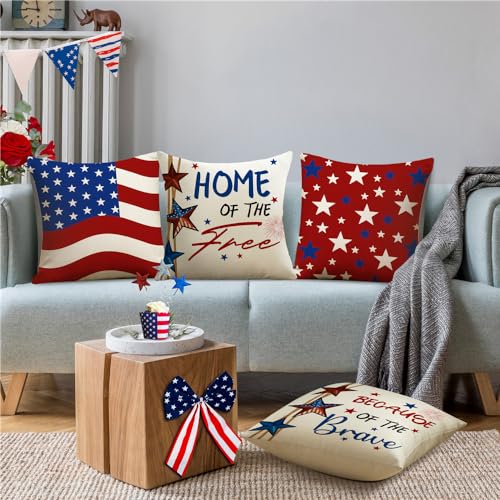 4th of July Pillow Covers 18x18 Set of 4 America Flag Stars Independence Day Decorations Home of The Free Memorial Day Patriotic Throw Cushion Case for Home Sofa Couch