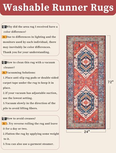 SERISSA Boho Washable Runner Rug, 2x6 Rug Runner Non-Slip Vintage Rust Hallway Kitchen Runner Rug Ultra Soft Print Distressed Tribal Floor Carpet Runner for Bedroom Bathroom Laundry Living Room