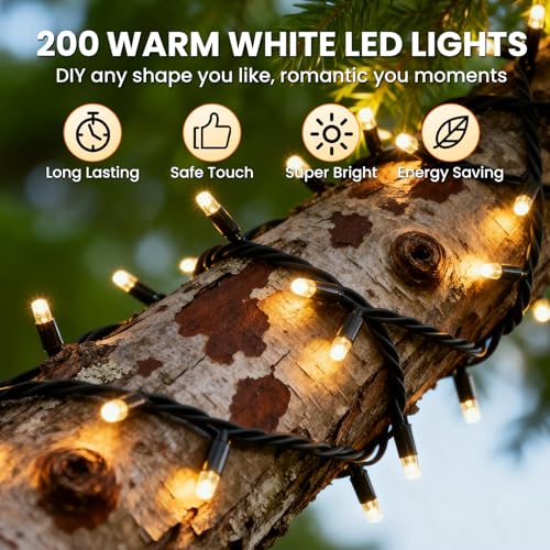 JTSIOV Christmas Tree Lights, 65FT/20M 200 LED Christmas Lights Plug in, 8 Modes Waterproof Outdoor Lights Indoor, Memory Function, Connectable String Lights for Party, Patio, Wedding (Warm White)