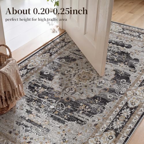 3x8 Washable Hallway Runner Rug - Non-Slip Vintage Kitchen Rugs Black Gray