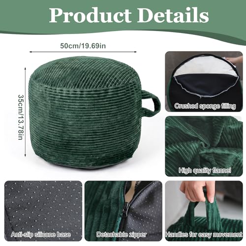 ele ELEOPTIO Round Stuffed Pouf Ottoman Corduroy Poufs with Foam Chunk Filling Pouf Foot Stool Storage Ottoman, 20 X 15 Floor Poufs Foot Rest for Living Room Green