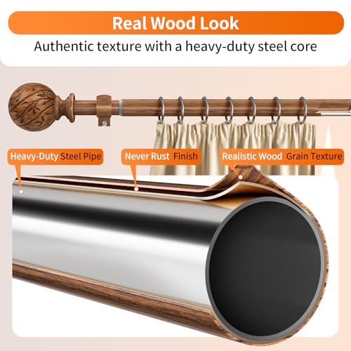 Wood Curtain Rods for Windows 36 to 88 Inch, 1" Adjustable Heavy Duty Boho Drapery Rod Decorative Curtain Rods with Finials Rustic Window Treatment Rods for Kitchen Farmhouse Bedroom Patio
