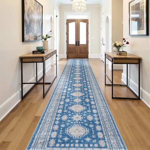 2x12 Runner Rug Washable Non Slip Boho Floor Mat for Long Hallway, Blue
