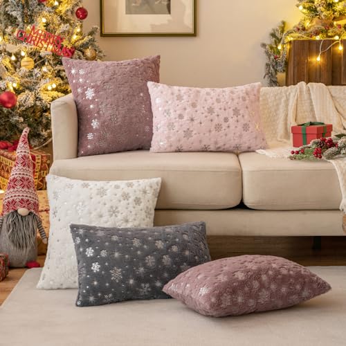 MIULEE Christmas Decorations Pillow Covers 16x16 Pink Silver Snowflake
