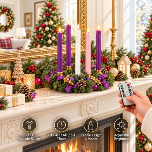 Christmas Flameless Advent Candles, Taper Church Christian Decor, Real Wax