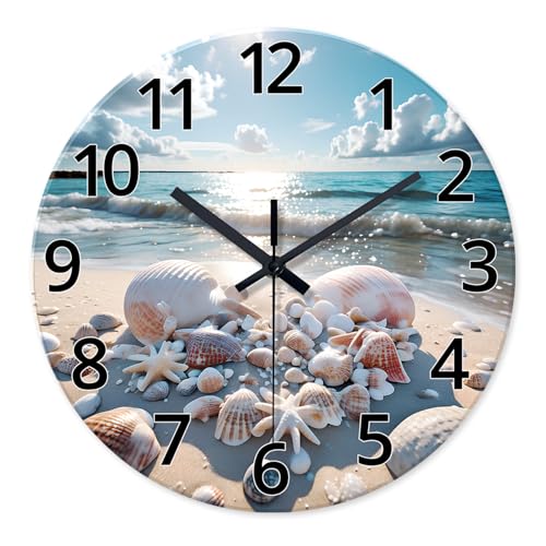 XNM Analog Blue Beach Wall Clocks for Living Room Coastal Sea Shell Wall Clocks Battery Operated 12 Inch Modern Round Glass Wall Clock Non Ticking