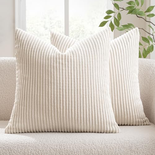 MIULEE Decorative Corduroy Pillow Covers Soft Solid Pack of 2 Cushion Cases Boho Square Throw Pillow Covers Cream White Boho Pillowcases for Couch Chair Sofa Bed Living Room Home Decor 18 x 18 Inch