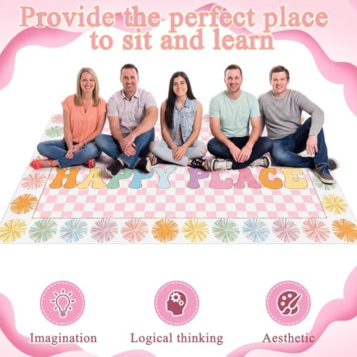 Breling 8'4" x 6' This is Our Happy Place Classroom Rug Pink Checkered Large Area Rug for Kids Educational Play Carpet for Playroom Preschool Kindergarten, This is Our Happy Place Classroom Decor