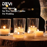 DEVI 6 Hour Soy Tea Lights Candles Bulk 100 Pack, Soy White Tea Lights Bulk-6 Hours Long Burning, Unscented Small Votives Bulk for Wedding, Party Centerpieces