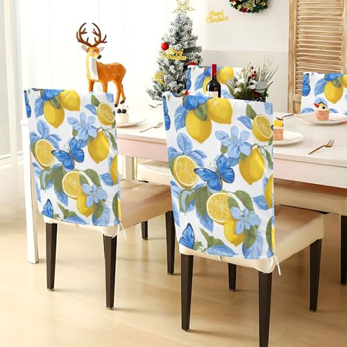 ALAZA Lemons Blue Butterfly Chair Back Cover Set of 2, Washable Reusable Removable Chair Slipcovers Decorative Chair Cover for Home Kitchen Wedding Party