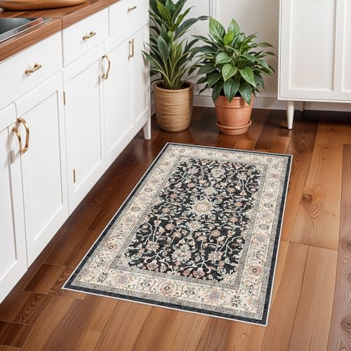 2x3 Washable Hallway Runner Rug - Non-Slip Stain Resistant Runner Rug Durable Kitchen Rugs and Mats Non Skid Waterproof Indoor Carpet Ultra Soft Runner for Living Room Bedroom Bathroom (Black, 2X3)