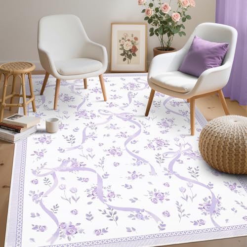 GarveeHome Purple Bow Rugs for Bedroom Girls, 4x6 Rug for Living Room with Soft Low Pile, Floral Washable Lavender Area Rug for Nursery Kids Playroom Dorm Office Carpet Bow Decor