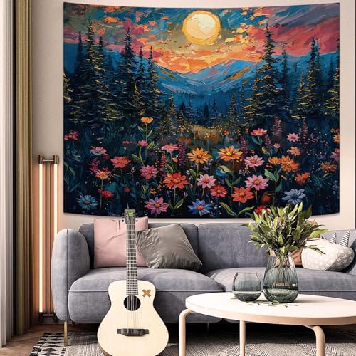 kampdream Landscape Tapestry, Scenery Art Wall Tapestries, Nature Wall Decor for Bedroom Living Room Backdrop Sunset Wildflowers 36×48 inches