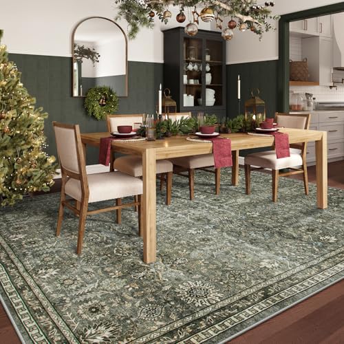 Lahome Mirae Green 8x10 Rugs for Living Room, Boho Washable Area Rugs for Bedroom, Rubber Backed Non Slip Floor Carpets for Dining Room Home Apartment, Dark Olive Green