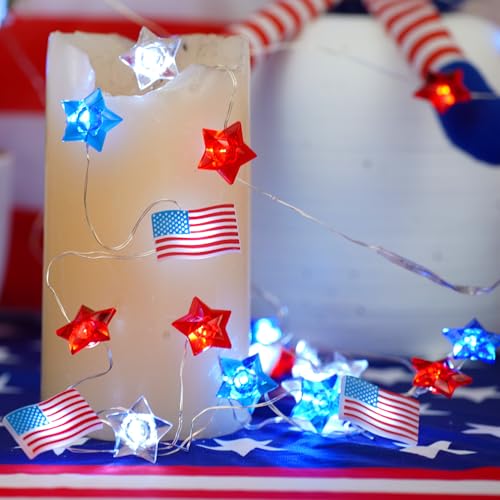 BOHON 4th of July Decorations Battery Operated String Lights with Timer 13 ft 40 LEDs Red White and Blue Star American Flag Lights for Home Patriotic Memorial Independence Day Fourth of July Decor