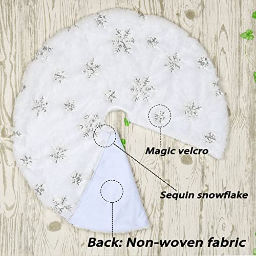 Faux Fur Christmas Tree Skirt,48 inches Large Luxury Tree Skirt with Sliver Snowflake Sequin, Christmas Decorations Holiday Thick Plush Tree Xmas Ornaments（White and Silver,48 Inch）