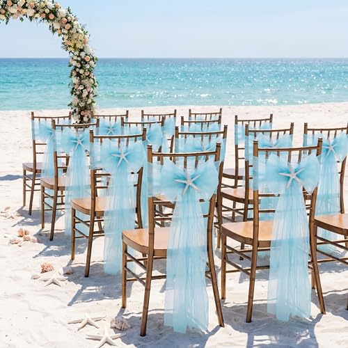 Breling 20 Pcs Coastal Wedding Chair Sashes Light Blue Starfish Beach Chair Covers Bulk 9ft Long Ocean Aisle Decorations for Outdoor Summer Seaside Wedding Party Banquet Reception