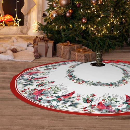 Christmas Tree Skirt 48Inches Winter Cardinal Birds Xmas Tree Skirt, Red Poinsettia Floral Holly Leaves Christmas Tree Mat for Home Party Holiday Indoor Outdoor Decorations (Red, 48in)