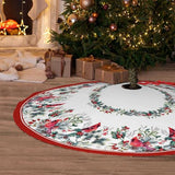 Christmas Tree Skirt 48Inches Winter Cardinal Birds Xmas Tree Skirt, Red Poinsettia Floral Holly Leaves Christmas Tree Mat for Home Party Holiday Indoor Outdoor Decorations (Red, 48in)