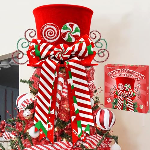 Christmas Candy Canes Tree Topper Red Hat with Peppermint Bows Ornament Winter Lollipop Holiday Home Decoration Xmas Festive Gift Ideas Supplies