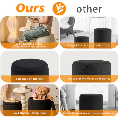 Set of 2 Round Storage Ottoman, Black Boucle Ottoman with Storage