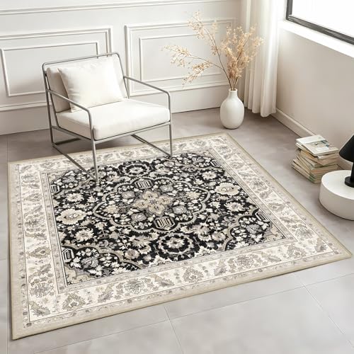 4x4 Square Washable Area Rug: Low Pile Non Slip Rugs Soft Barefoot Floor Mat for Under Desk Play Area Big Entryway Living Room and Apartment Decor Black Beige