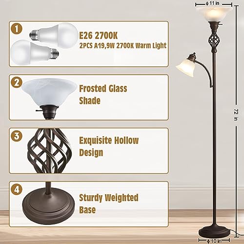 Torchiere Floor Lamp for Living Room, LED Standing Reading Light for Bedroom with Glass Shade for Living Room Corner Bedroom Home Office,Bulbs Included (Red Brown,Glass 2 Head)