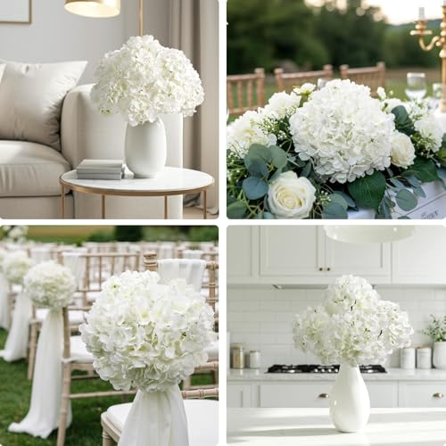 Auihiay 10PCS Hydrangea Artificial Flowers, Faux White Flowers for Wedding Centerpieces, DIY Bouquets, Bridal Shower, Floral Decor Home Decoration with Stems (VASE NOT Included)