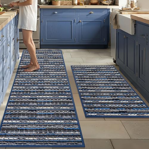 Kitchen Rugs Sets of 2, Non Slip Kitchen Mats for Floor, Navy Blue