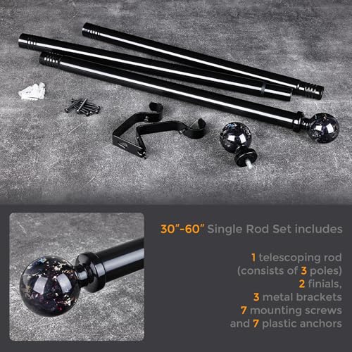 Black Curtain Rods for Windows 28 to 48 Inch, 1'' Heavy Duty Adjustable Drapery Rod with Unique Crystal Ball Finials, Modern Decorative Curtain Rod,Size; 30-60''