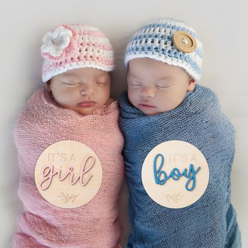 Gender Reveal Sign for Baby Birth: 3Pcs It's A Boy Girl & Hello World Announcement Sign for Hospital - Wooden Newborn Welcome Board for New Boys and Girls