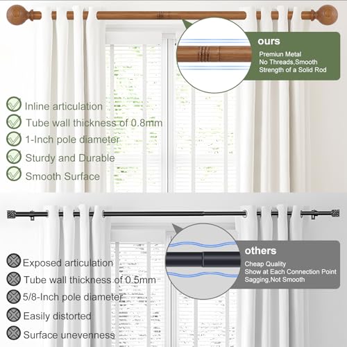 2 Pack Wood Curtain Rods for Windows 28 to 48 Inch,1 Inch Wood Grain Ball Adjustable Curtain Rod,Boho Heavy Duty Curtain Rods,Farmhouse Rustic Window Curtains Rods,Brown Drapery Rods Set 18-45"