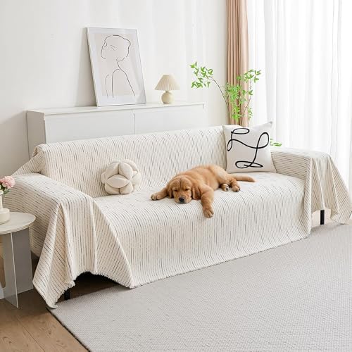 MYSKY HOME Couch Cover for Dogs, Sectional Couch Cover, Beige Lines Sofa Covers for Sectional Sofa L Shape Chenille Couch Protector for Dogs Pets Couch Covers Washable Soft Throw, 71"X150"