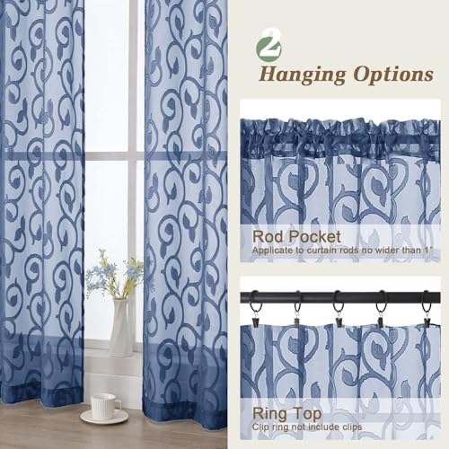 Dusty Blue Sheer Curtains 84 Inches Long 2 Panels Set for Bedroom Living Room, Soft Solid Airy Elegant Geometric Jacquard Clip Light Filtering Curtains Drapes, 2Pcs Total Wide 84" Inch