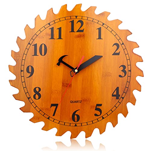 12 Inch Wood Wall Clock with Circular Saw Blade Dial, Handsaw and Hammer Pointer,Great Decor for Farmhouse,Garages and Man Cave