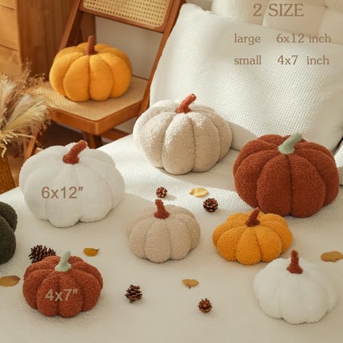 YRXRUS Pumpkin Pillows, Thanksgiving Pumpkin Pillow Set of 2, Off White Throw Pillows Fall Room Decoration, Teddy Fleece 6x12&4x7 Inches Accent Cushion Gifts for Holiday