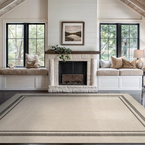 Beverly Rug Easy Jute Bordered Rug 10x14 Washable Large Indoor Outdoor Area Rugs for Living Dining Room Patio Office Stain Resistant Non Shedding Casual Indoor Outside Carpet 10 x 14 Off-White