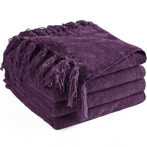 Chenille Throw Blanket for Couch 50"X 60", Soft Cozy Throws with Fringe Tassel for Bed Sofa Chair Cover, Lightweight Knitted Decorative Boho Blankets for Living Room, Dark Purple