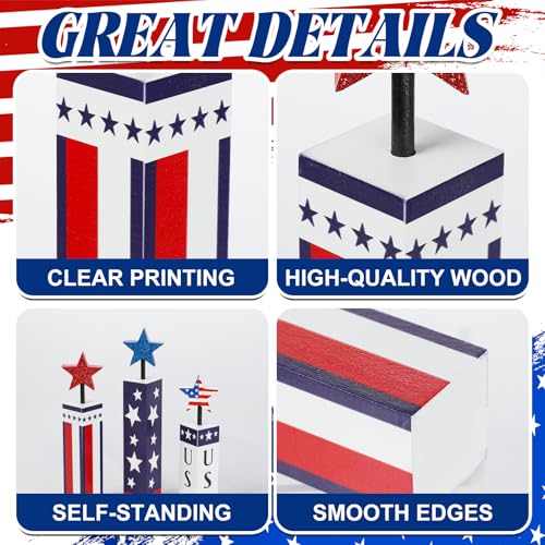 3 Pcs Patriotic Wooden Table Decor, 4th of July Tiered Tray Decor, Red White Blue Star Firework Centerpieces, USA Flag Wooden Blocks for Independence Day Memorial Day Home Decor