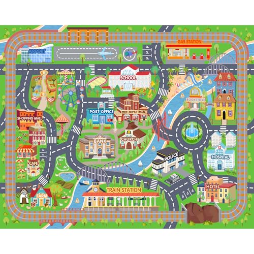 Car Rug Play Mat for Kids Toy Cars, Road Traffic Playmat for Kid Bedroom, Non-Slip Machine Washable Town City Race Track Carpet for Learn and Have Fun 3'x4'/ 36"x48"