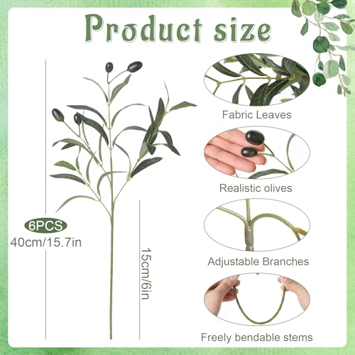 6Pcs 15.7" Artificial Olive Branches, Realistic Faux Plants Olive Leaves Stems for Vase Decor, Wedding Centerpieces, Farmhouse Home Party Decor